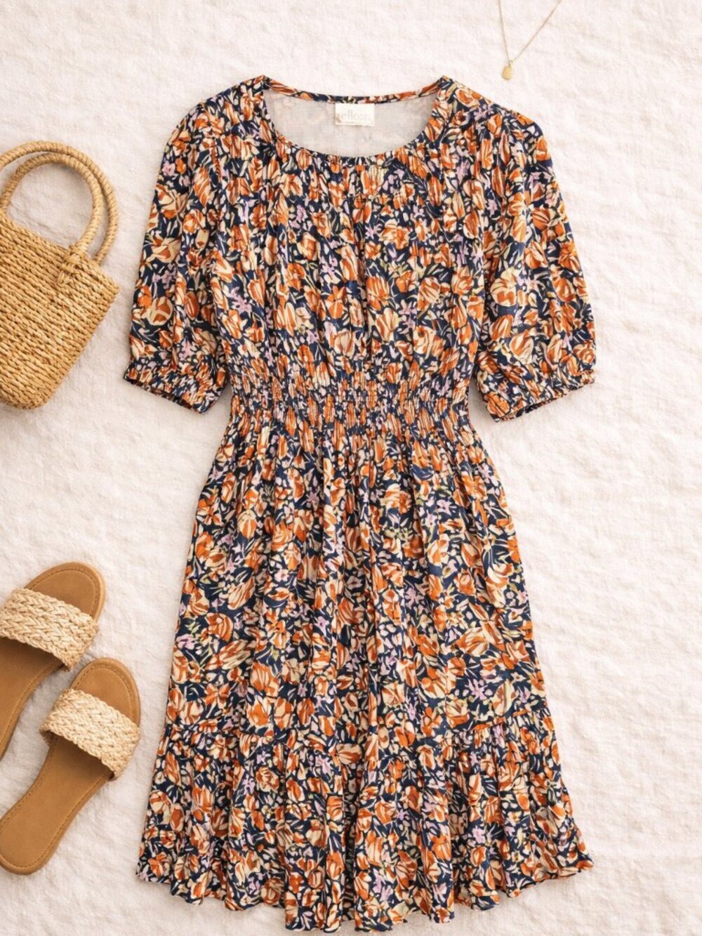 Elloh Floral Smocked Waist Dress Large Boho Summer Flowy Midi